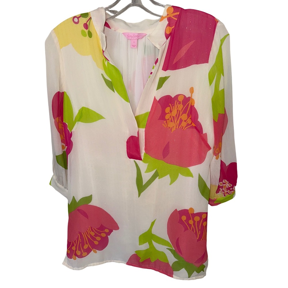 Lilly Pulitzer 100% Silk Floral Multi Tunic With Good Thread Stitching size 6